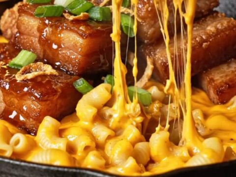 A close-up shot of crispy maple-bourbon glazed pork belly cubes resting on a bed of creamy, bubbling mac and cheese.