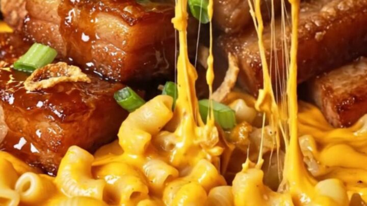 A close-up shot of crispy maple-bourbon glazed pork belly cubes resting on a bed of creamy, bubbling mac and cheese.