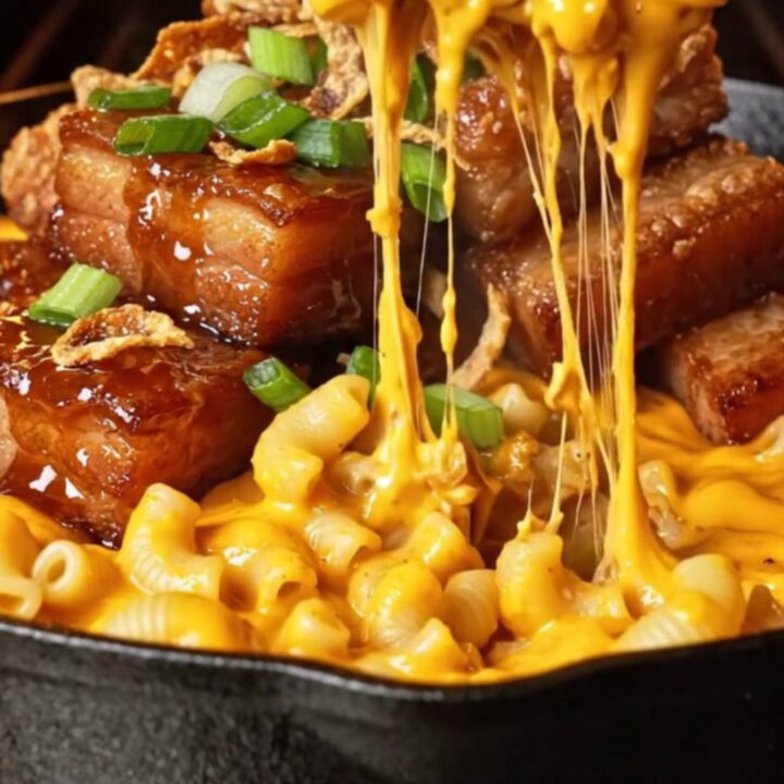 A close-up shot of crispy maple-bourbon glazed pork belly cubes resting on a bed of creamy, bubbling mac and cheese.