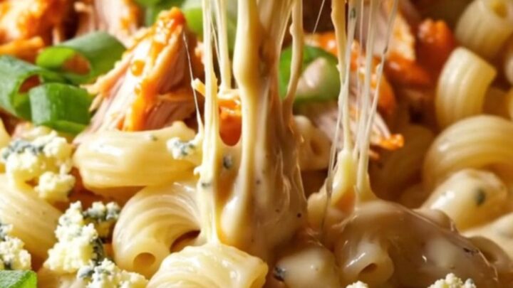 A close-up of a steaming bowl of buffalo pulled chicken mac and cheese topped with gorgonzola and fresh herbs.