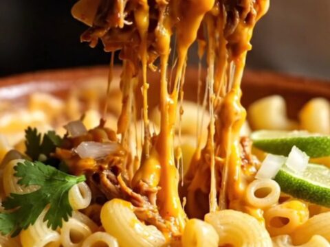 A close-up shot of creamy mac and cheese swirled with spicy red consommé and topped with shredded beef.