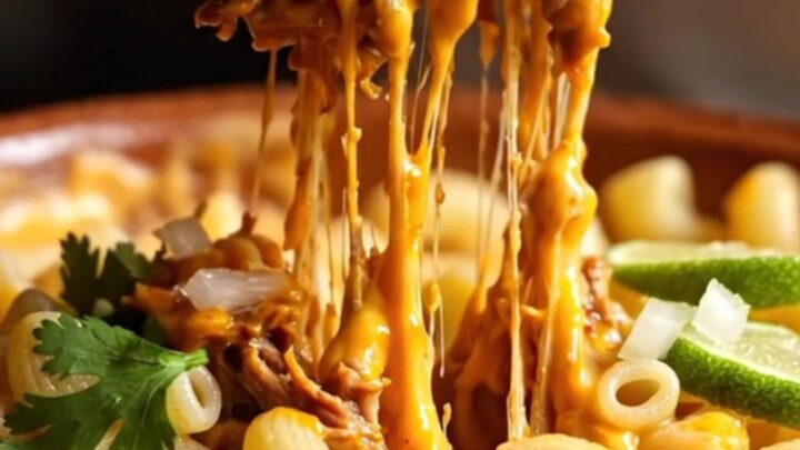 A close-up shot of creamy mac and cheese swirled with spicy red consommé and topped with shredded beef.