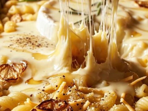 A rustic baking dish containing creamy mac and cheese with a molten Brie wheel in the center.