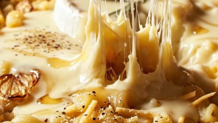 A rustic baking dish containing creamy mac and cheese with a molten Brie wheel in the center.