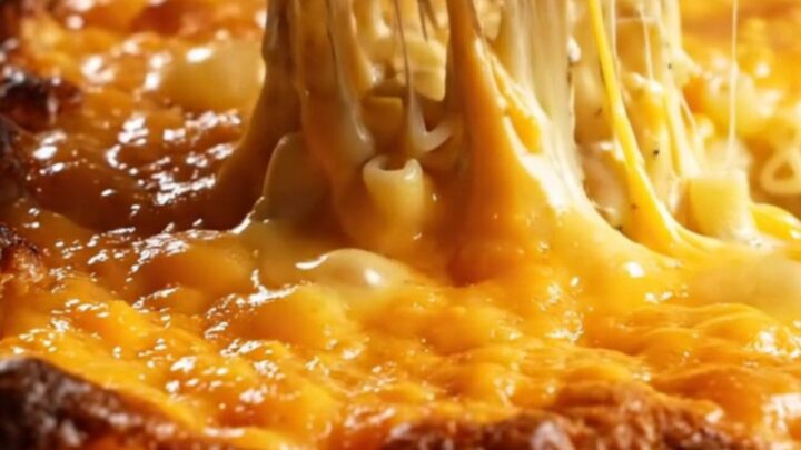 A close-up of a corner scoop of Southern baked mac and cheese showing the golden, crispy caramelized edges.