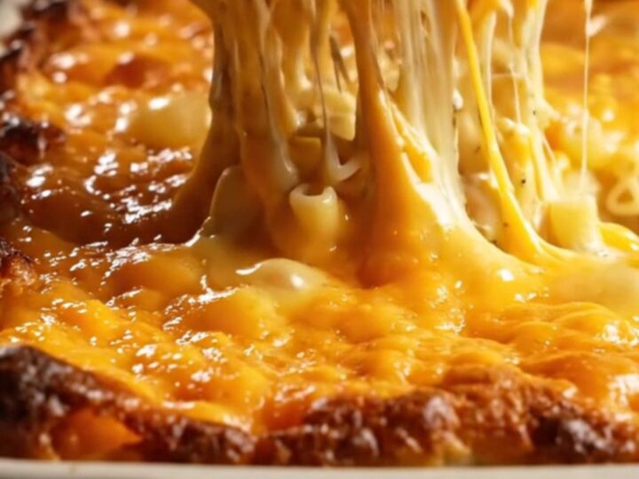 A close-up of a corner scoop of Southern baked mac and cheese showing the golden, crispy caramelized edges.