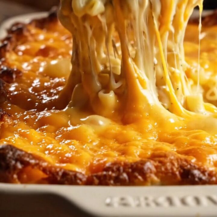 A close-up of a corner scoop of Southern baked mac and cheese showing the golden, crispy caramelized edges.