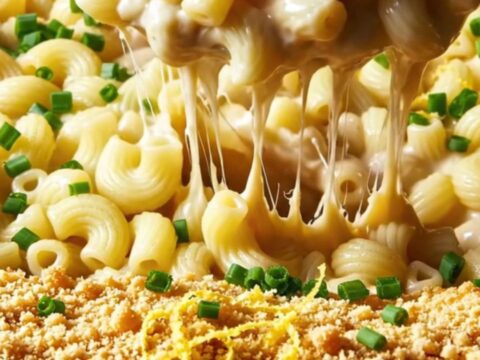 A close-up of a bowl of lobster mac and cheese with visible lobster chunks and a golden breadcrumb topping.