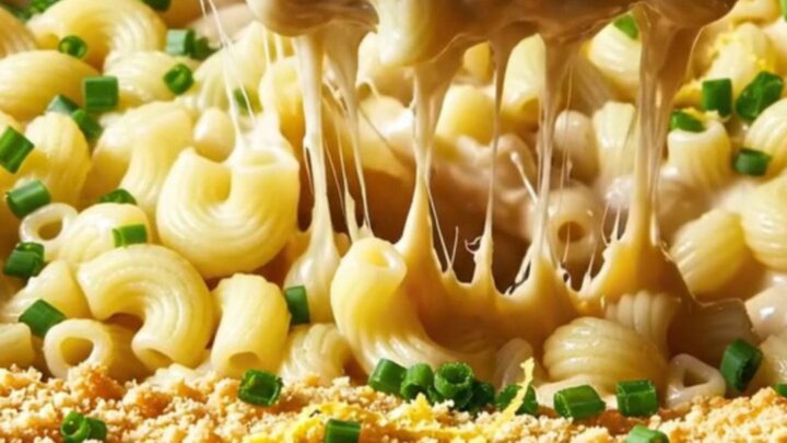 A close-up of a bowl of lobster mac and cheese with visible lobster chunks and a golden breadcrumb topping.