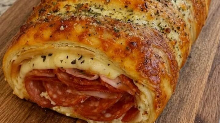 A freshly baked golden brown stromboli sliced open on a rustic wooden board, revealing melted cheese and pepperoni.