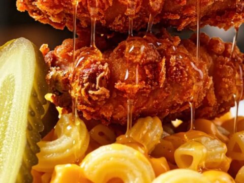 Crispy Nashville hot chicken tenders drizzled with hot honey, served over a creamy bowl of three-cheese cavatappi macaroni.