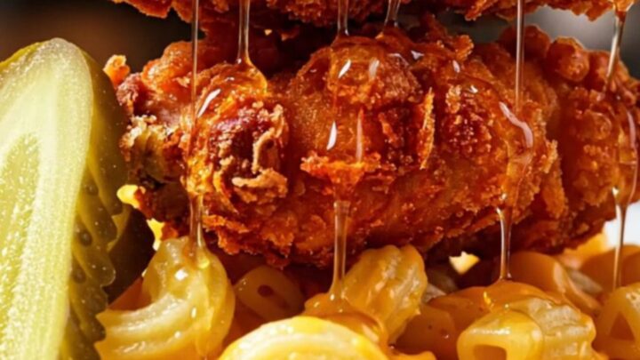 Crispy Nashville hot chicken tenders drizzled with hot honey, served over a creamy bowl of three-cheese cavatappi macaroni.