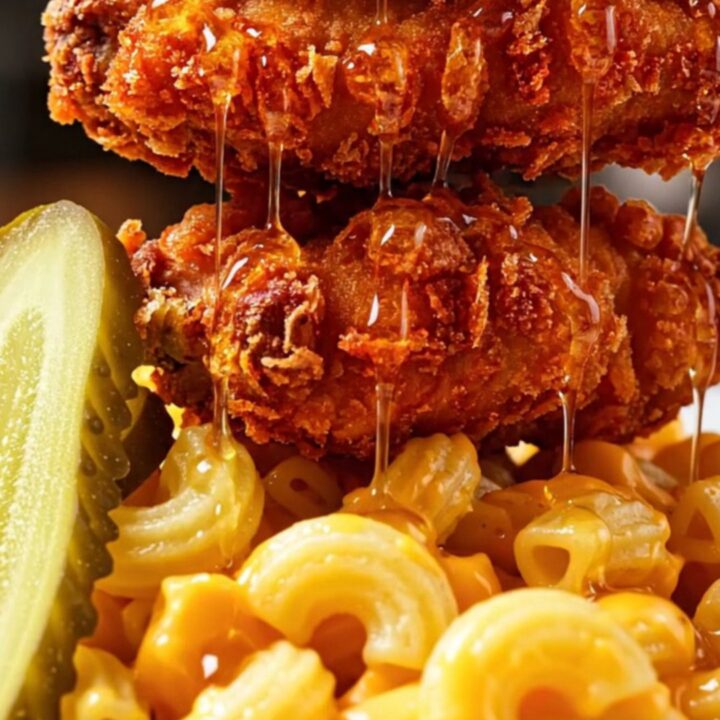 Crispy Nashville hot chicken tenders drizzled with hot honey, served over a creamy bowl of three-cheese cavatappi macaroni.