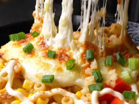 A close-up shot of Korean corn cheese mac in a cast-iron skillet with blistered, golden mozzarella.