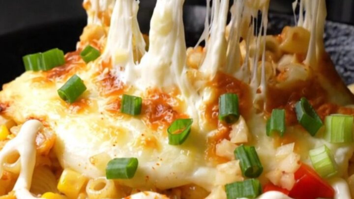 A close-up shot of Korean corn cheese mac in a cast-iron skillet with blistered, golden mozzarella.