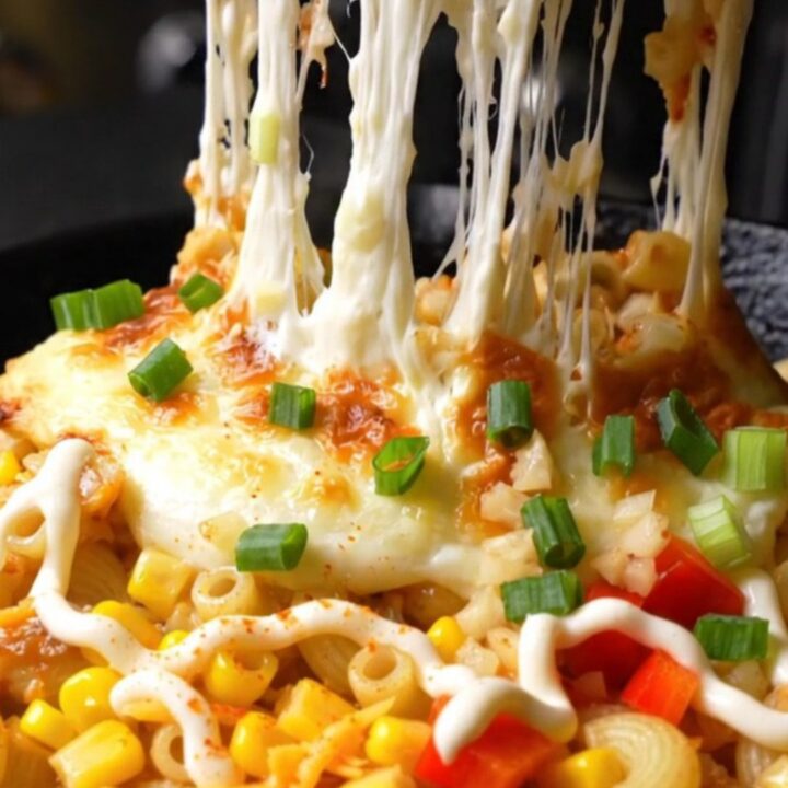 A close-up shot of Korean corn cheese mac in a cast-iron skillet with blistered, golden mozzarella.
