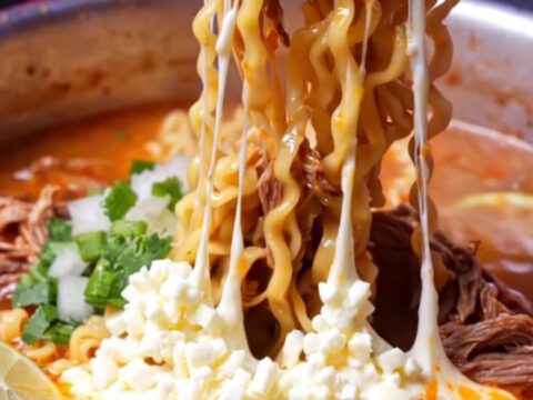 A steaming bowl of red birria ramen with wavy noodles, shredded beef, and melted cheese, garnished with cilantro and onion.
