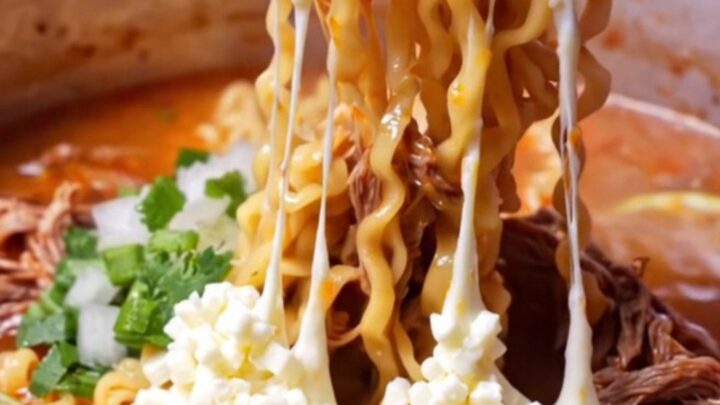 A steaming bowl of red birria ramen with wavy noodles, shredded beef, and melted cheese, garnished with cilantro and onion.