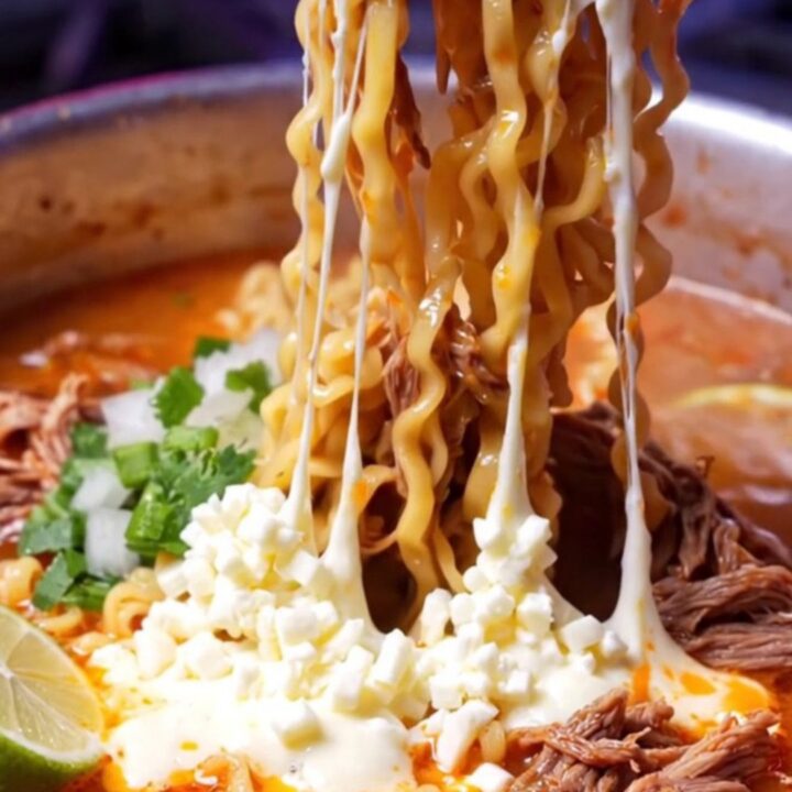 A steaming bowl of red birria ramen with wavy noodles, shredded beef, and melted cheese, garnished with cilantro and onion.