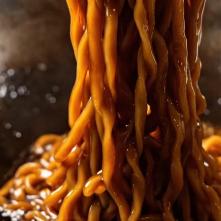 A close-up of glossy dark wheat noodles topped with crispy golden fried scallions.