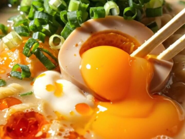 A steaming, creamy bowl of ramen topped with a perfectly jammy orange-yolk egg, fresh scallions