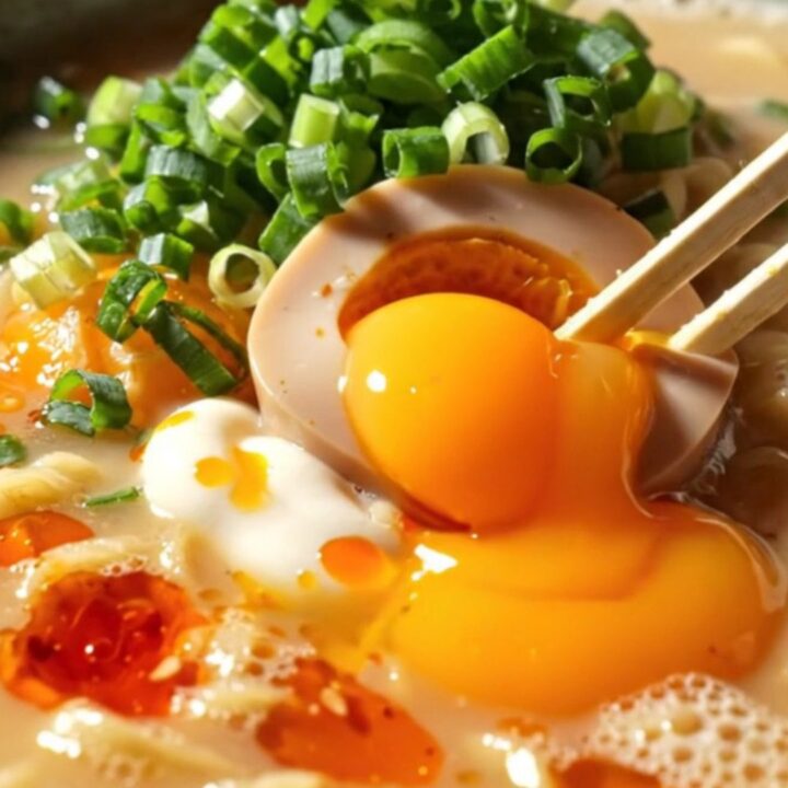 A steaming, creamy bowl of ramen topped with a perfectly jammy orange-yolk egg, fresh scallions
