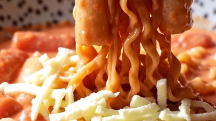 A close-up of chewy Korean rice cakes and ramen noodles in a glossy coral-pink spicy cream sauce topped with melted cheese.