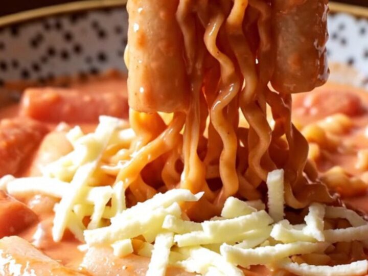 A close-up of chewy Korean rice cakes and ramen noodles in a glossy coral-pink spicy cream sauce topped with melted cheese.