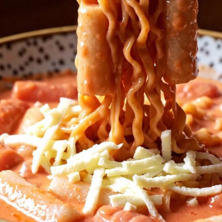 A close-up of chewy Korean rice cakes and ramen noodles in a glossy coral-pink spicy cream sauce topped with melted cheese.