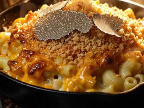 A close-up of a gold spoon lifting creamy mac and cheese with melted Comté and Gruyère and fresh truffle shavings.