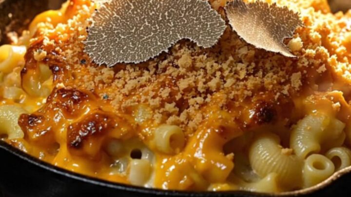 A close-up of a gold spoon lifting creamy mac and cheese with melted Comté and Gruyère and fresh truffle shavings.