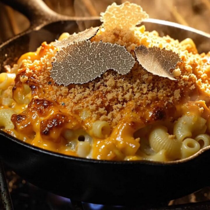 A close-up of a gold spoon lifting creamy mac and cheese with melted Comté and Gruyère and fresh truffle shavings.