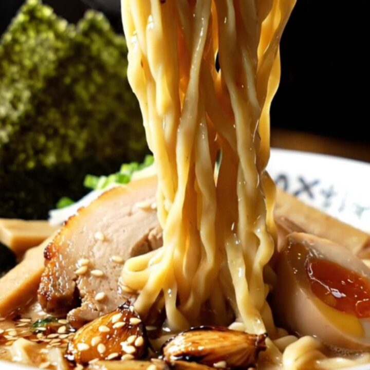 A steaming bowl of tonkotsu ramen with a swirl of black garlic oil and torched chashu pork belly.
