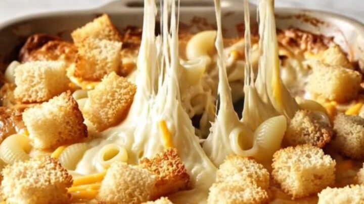 A rustic black skillet filled with creamy mac and cheese topped with golden brown croutons.