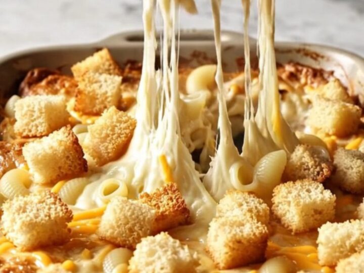 A rustic black skillet filled with creamy mac and cheese topped with golden brown croutons.