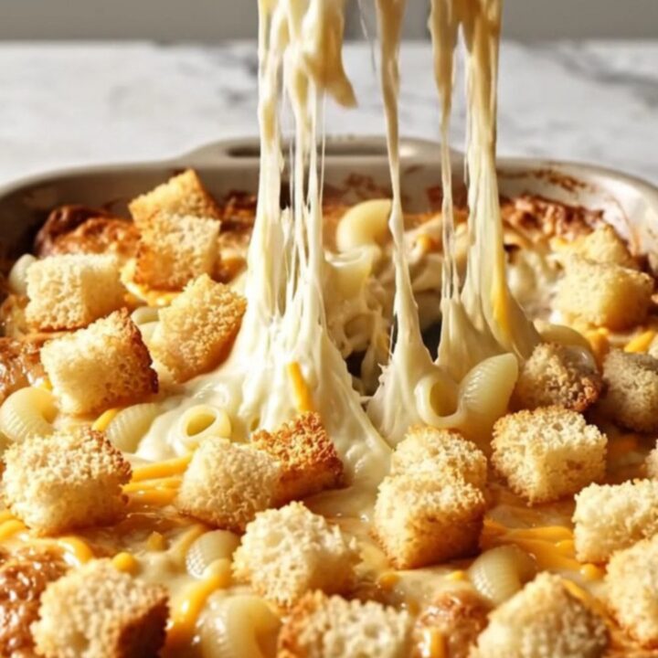 A rustic black skillet filled with creamy mac and cheese topped with golden brown croutons.