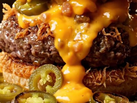 A close-up view of a crispy jalapeño popper smash burger with molten cheese and bacon.