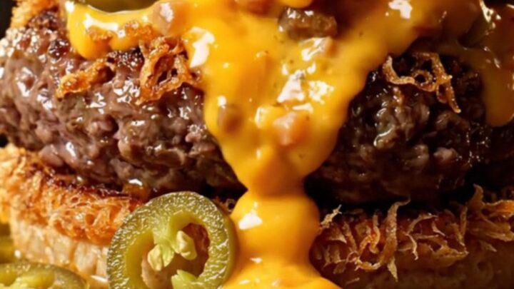 A close-up view of a crispy jalapeño popper smash burger with molten cheese and bacon.