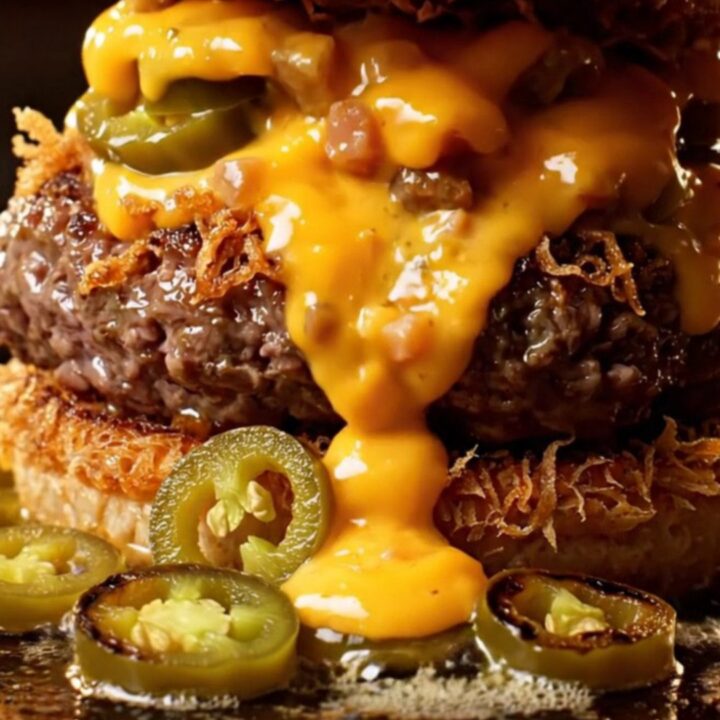 A close-up view of a crispy jalapeño popper smash burger with molten cheese and bacon.