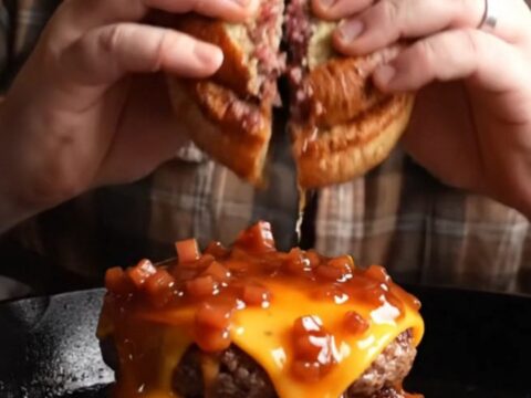 A close-up of a smash burger topped with sticky maple bourbon bacon jam and melted smoked cheddar on a pretzel bun.