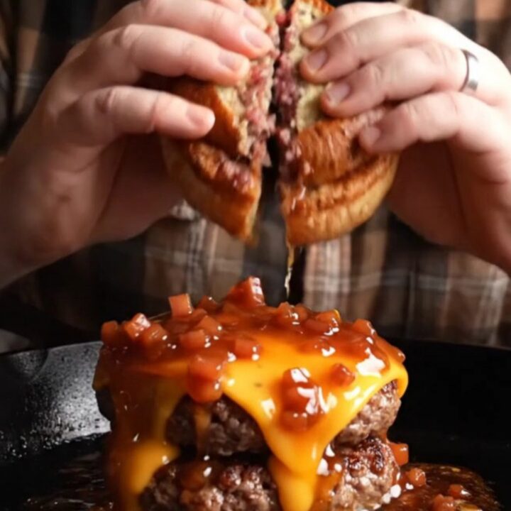 A close-up of a smash burger topped with sticky maple bourbon bacon jam and melted smoked cheddar on a pretzel bun.