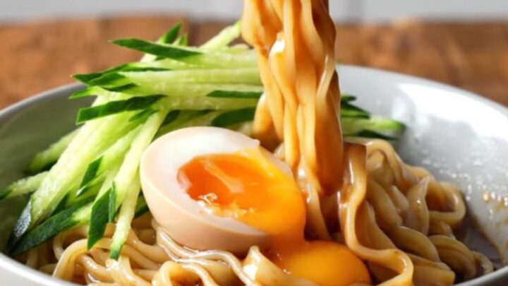 A bowl of wide, glossy noodles coated in a rich, spicy sesame sauce