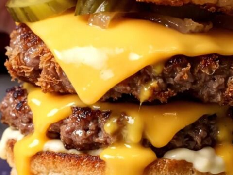 A close-up view of a double smash burger with melted American cheese and secret sauce.
