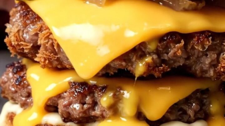 A close-up view of a double smash burger with melted American cheese and secret sauce.