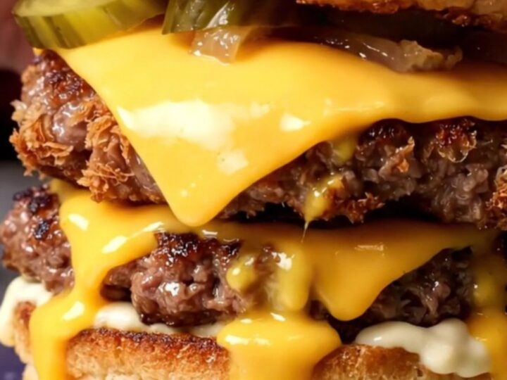 A close-up view of a double smash burger with melted American cheese and secret sauce.