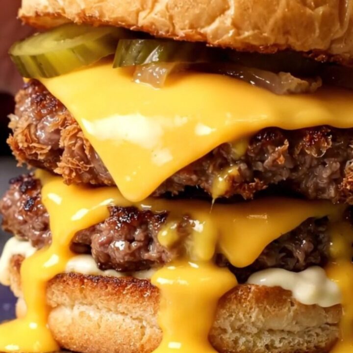 A close-up view of a double smash burger with melted American cheese and secret sauce.