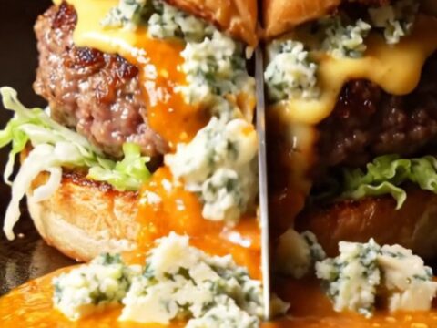 A close-up shot of a blue cheese buffalo smash burger on a brioche bun with fiery sauce dripping down.