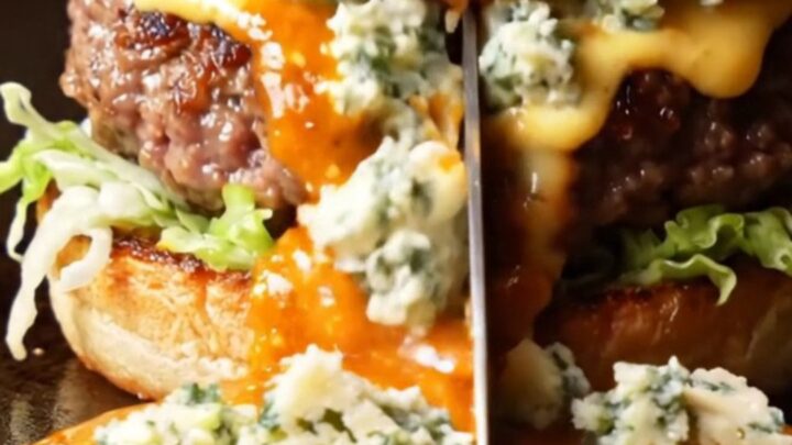 A close-up shot of a blue cheese buffalo smash burger on a brioche bun with fiery sauce dripping down.