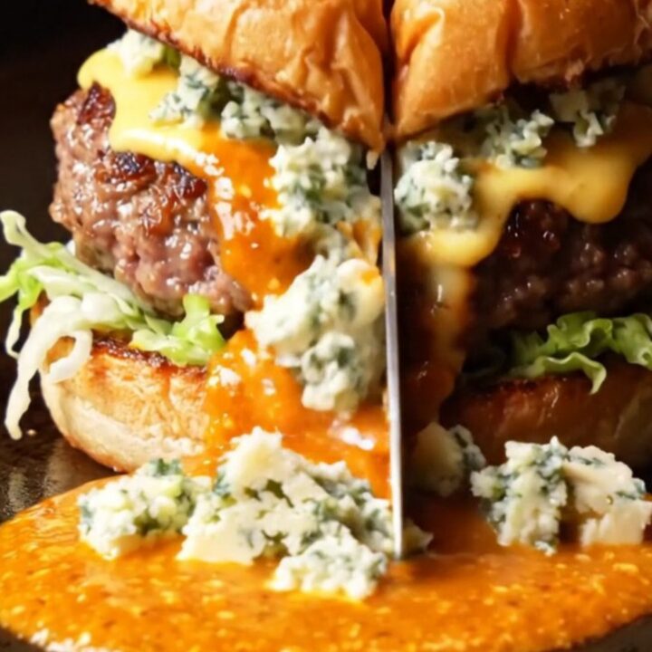 A close-up shot of a blue cheese buffalo smash burger on a brioche bun with fiery sauce dripping down.