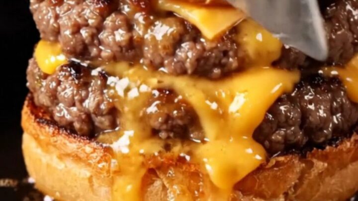 A close-up of a juicy Wagyu smash burger on a brioche bun with roasted bone marrow dripping over the side.